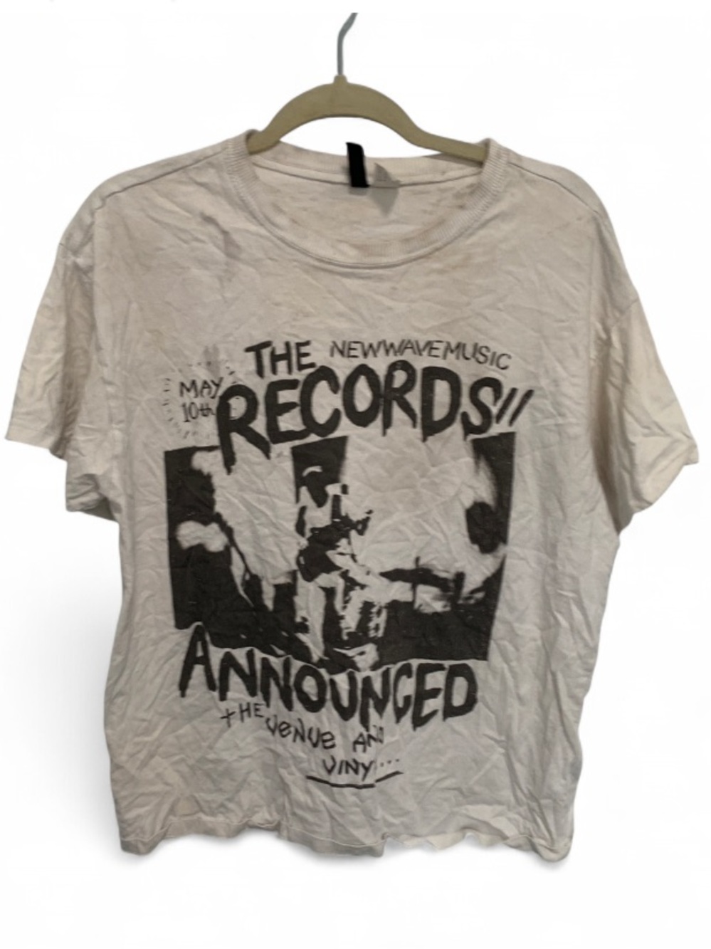 H&M New Wave White Graphic 'Records Announced' Short Sleeve Tee